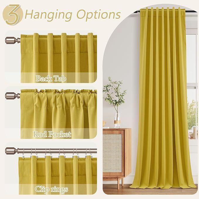Guken 100% Blackout Curtains 96 Inch Length 2 Panels Set for Living Room Bedroom Back Tab Thermal Insulated Black Out Linen Drapes Room Darkening Celery Yellow,52x96