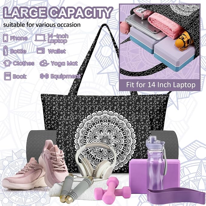 Yoga Bag for Women, Large Canvas Yoga Mat Tote Bag with Yoga Mat Carrier - Large Mat Pocket Fitness Tote for Pilates, Gym, Travel, Office & Beach