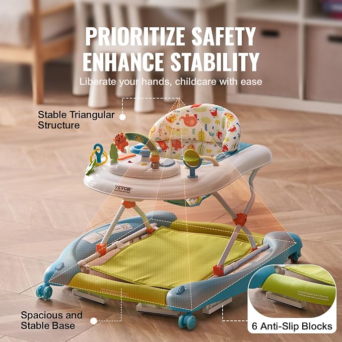 VEVOR 4-in-1 Baby Walker, Folding Baby Activity Center with Wheels, 3 Adjustable Height, Music & Toys Tray, Learning-Seated | Walk-Behind | Rocker | Bouncer Toddler Walker for Girls Boys 6-24 Months