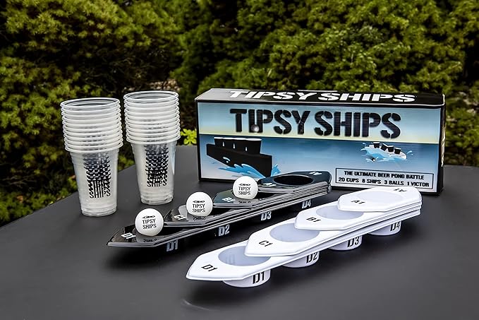 Tipsy Ships Battle Pong Party Game - 22 Plastic Cups, 8 Ship Trays, 3 Ping Pong Balls Included. Battle on Any Table! (Tipsy Ships Battle Set (with Cups))
