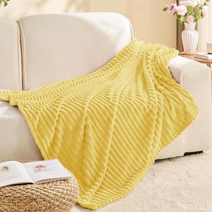BEDELITE 3D Ribbed Light Yellow Fleece Throw Blanket for Couch, 50x60 Inch | Soft Warm Decorative Fluffy Blanket, Cozy Plush Lightweight Fuzzy Throw Blanket for Bed Sofa Home Room Decor, Gift for Women