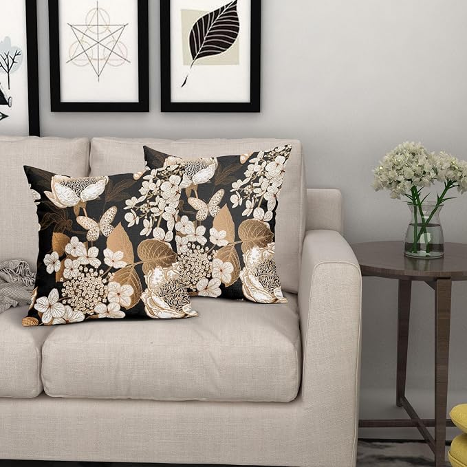 Vintage Floral Pillow Covers 22X22 Inch Set of 2 White Flowers Gold Leaves Botanical Decorative Pillow Cases Rustic Leaf Black Cotton Linen Cushion Case Farmhouse Home Decor for Sofa Couch