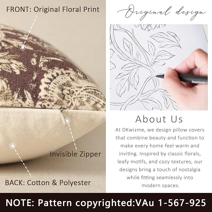Vintage Floral Print Throw Pillow Covers 26x26 Set of 2 Neutral Modern Farmhouse Accent Decorative Cushion Covers Boho Home Decor for Couch Sofa Chair Bed Living Room, Oxblood