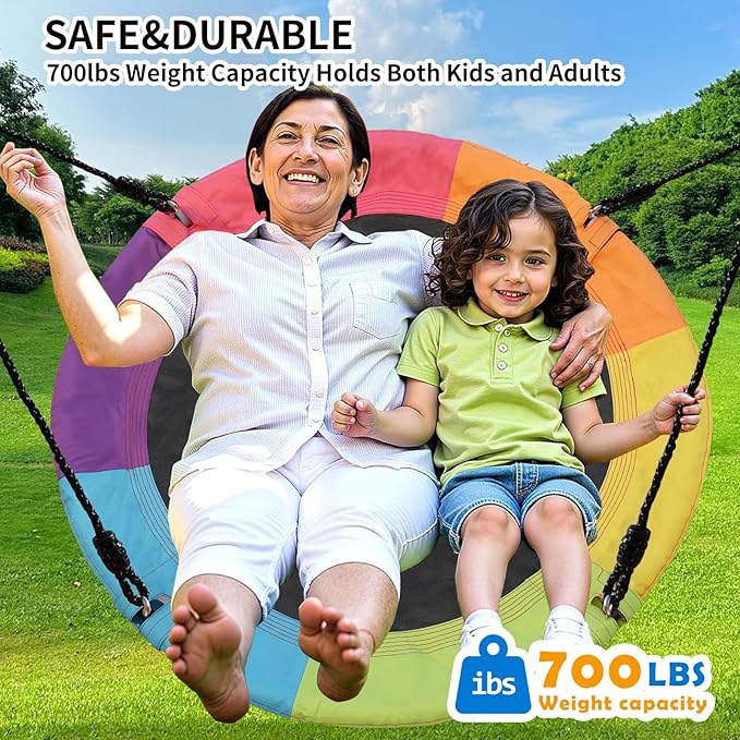 40 Inch Saucer Tree Swing for Kids & Adults – Large Round Disc Swing, 700 lb Weight Capacity with Hanging Straps & Adjustable Ropes for Playground, Backyard & Swingset (Rainbow)