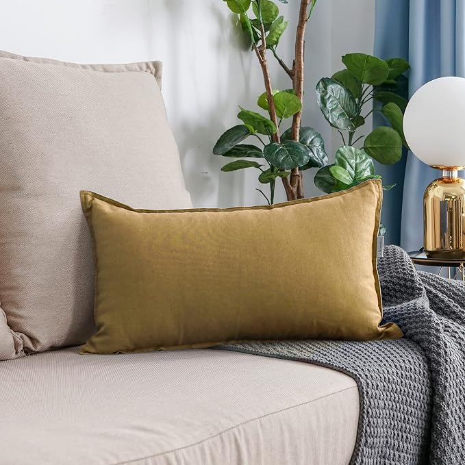 Jeanerlor Cotton Linen Decorative 12"x20" Lumbar Throw Pillow Case Cushion Cover with Twin Needles Stitch on Edge,for Wedding/Party/Gift/Car (30 x 50cm), Earth Yellow