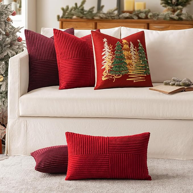 MIULEE Burgundy Decorative Throw Pillow Covers for Couch 18x18 Inch | 2 Pack, Boho Farmhouse Pillow Covers, Soft Cross Corduroy Patchwork Textured Cushion Cases For Bed Sofa