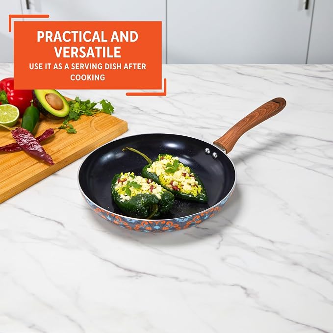 IMUSA 10 Inch Talavera Aluminum Black Ceramic Fry Pan with Woodlook Handle | Ceramic Nonstick, Glass Lid with Helper Handle, Deep Sauté Pan, Ideal for Family Cooking