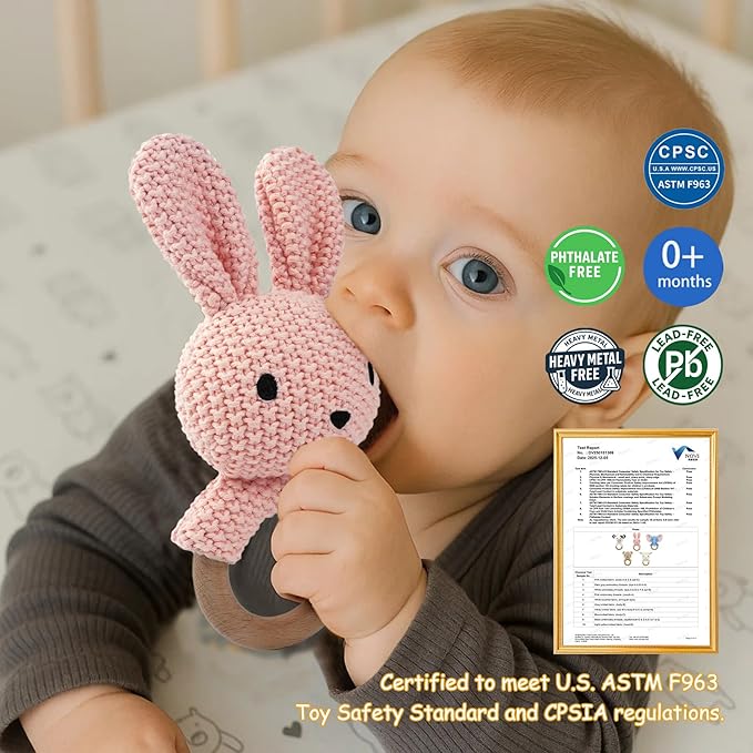 Baby Rattle Teether Bunny Pink Crochet Rabbit Toy for Baby Girl Handmade Knitted Easy Grip Wood Handle for Gum Relief Woodland Animal Plush Stuffed Easter Basket Shower Gift Newborn