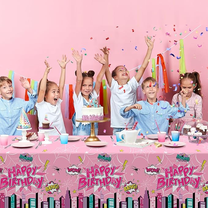 6Pcs Spider Birthday Party Tablecloths, Disposable Plastic Cartoon Spider Tablecloth Pink Hero Table Cover for Rectangle Table Girl’s Birthday Party Supplies, 54x108 inches