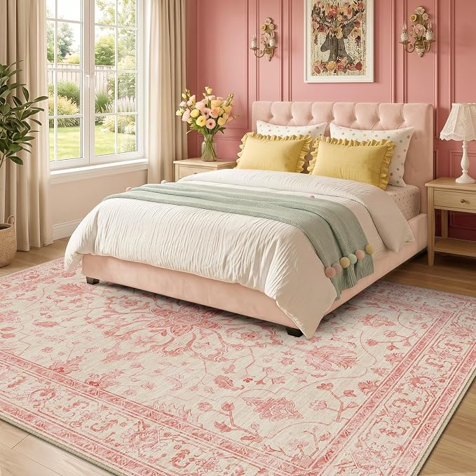 RELEANY Area Rugs 5'x7' Washable Non-Slip, Floral Vintage Distress Medallion Carpet for Living Room Bedroom Dining Room, Pink Light Vintage Pink