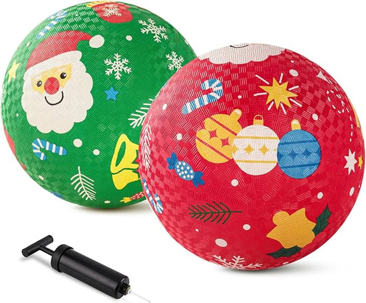 ZOOJOY Pack of 2 Cartoon Playground Balls,Christmas Balls for Toddler 3-12, 8.5" Rubber Ball Bouncy Kickball, Indoor & Outdoor Game Toys for Boys Girls with Pump