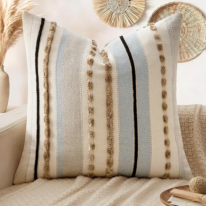 ANRODUO Boho Decorative Pillow Covers 18x18 Light Blue Stripe Pack of 1 | Throw Pillow Covers, Farmhouse Cushion Case, Chenille Pillow Cases, Pillow Covers, Accent Neutral Pillowcase for Sofa Couch