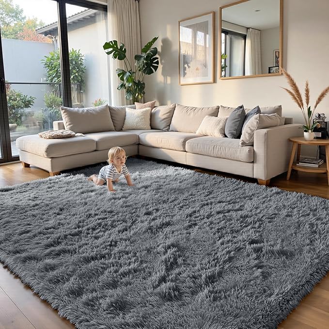 yongyangjuxin Fluffy Rug Shag Area Rug, Grey 10x14 Area Rugs for Bedroom, Super Soft Shag Rugs for Living Room Bedroom Room Home Decor, Upgrade Anti-Skid Rectangular Fuzzy Rug