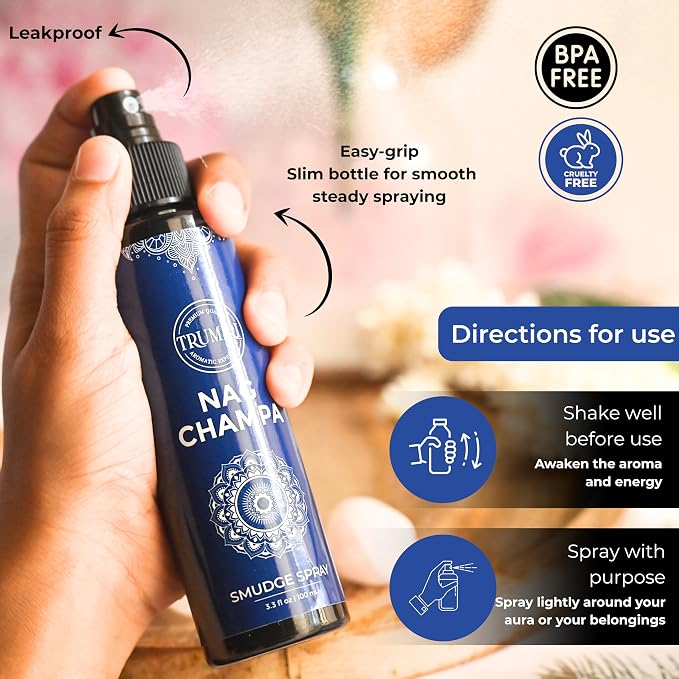 Nag Champa Aura Spray Made with Natural Nag Champa Oil - Essential Oil Air Freshener and Natural Room Spray - Safe On Body and Linen for Spiritual Smudge Rituals
