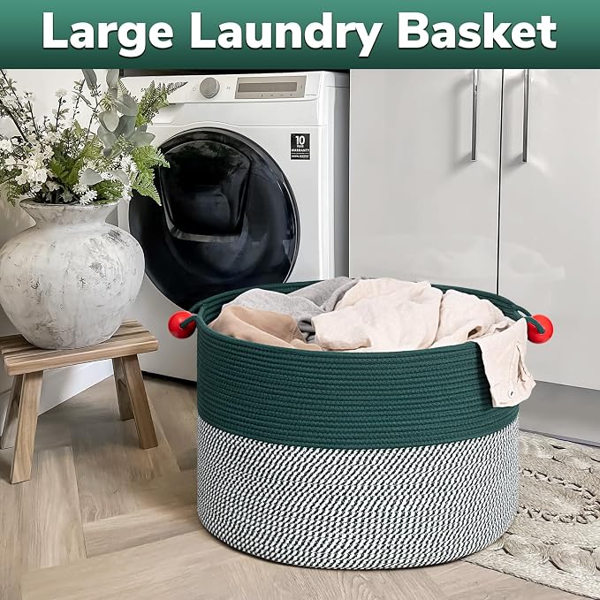 Goodpick Large Storage Basket 22" x 14", Woven Baby Storage for Blanket Living Room, Laundry Organizer for Clothes, Toys, Christmas Basket for Gifts, Green