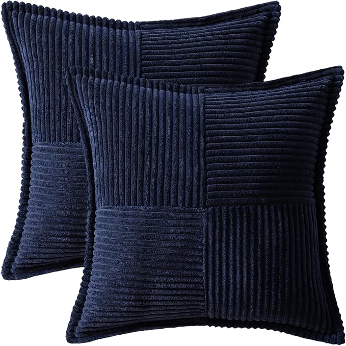 MIULEE Decorative Throw Pillow Covers for Couch 12x12 Inch Navy Blue 2 Pack | Boho Broadside Striped Patchwork Pillow Covers, Soft Corduroy Cushion Cases, For Sofa Bed Livingroom Home Decor