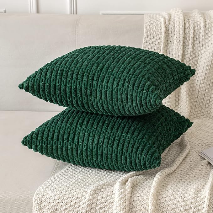 MIULEE Corduroy Decorative Throw Pillow Covers 16x16 Dark Green Pack of 2 | Soft Boho Striped Pillow Covers Modern Farmhouse Home Decor For Sofa Living Room Couch Bed