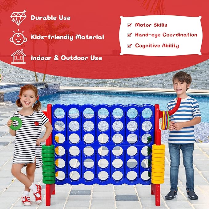 COSTWAY Jumbo 4-to-Score Giant Game Set for Kids & Adults, 2.5Ft Indoor Outdoor Game with Basketball Hoop, Ring Game, 42 Jumbo Rings, Quick-Release Slider, Perfect for Birth & Holiday Party