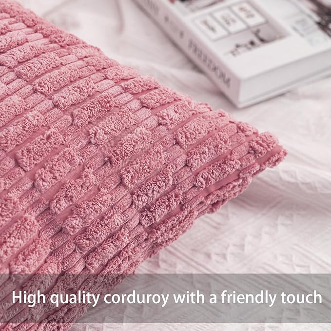 Pack of 2 Corduroy Decorative Throw Pillow Covers 18x18 Inch, Peach Pink | Fall Soft Striped Pillow Covers Modern Farmhouse Home Decor Christmas Throw Pillow Covers for Sofa Living Room Couch Bed