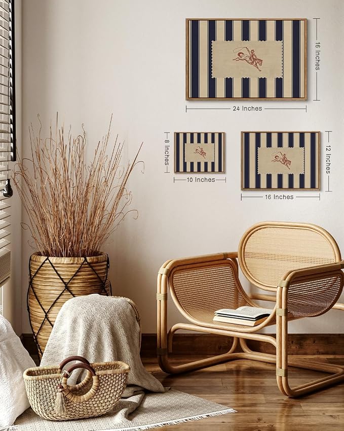 ZZLWBKGL Western Wall Decor Striped Cowboy Canvas Art Vintage Wall Art | Farmhouse Artwork Retro West Country Aesthetic Mid Century Rodeo Paintings Living Room Bedroom 12x16in