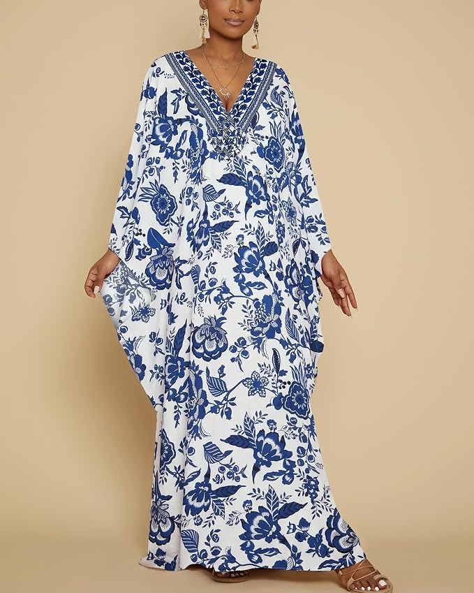 Bsubseach Kaftan Dresses for Women Floral Print Plus Size Beach Cover Up | Lightweight V Neck Loose Fit Boho Dress, Batwing Sleeve Side Slit, Moo Moos for Women Home Loungwear Cruise Resort Wear