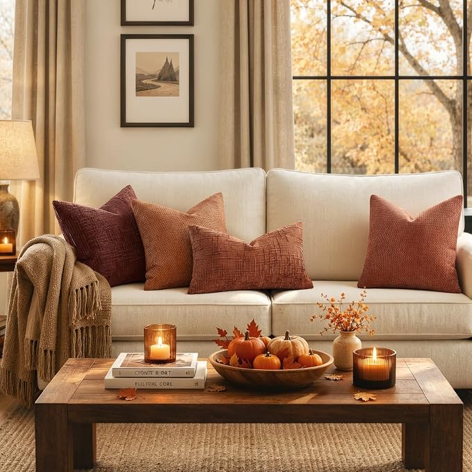 MIULEE Chenille Textured Fall Lumbar Pillow Covers Burnt Orange 12x20 | Set of 2, Slubby Decorative Throw Pillows, Boho Farmhouse Decor, Modern Cushion Covers for Couch Sofa Bed Living Room