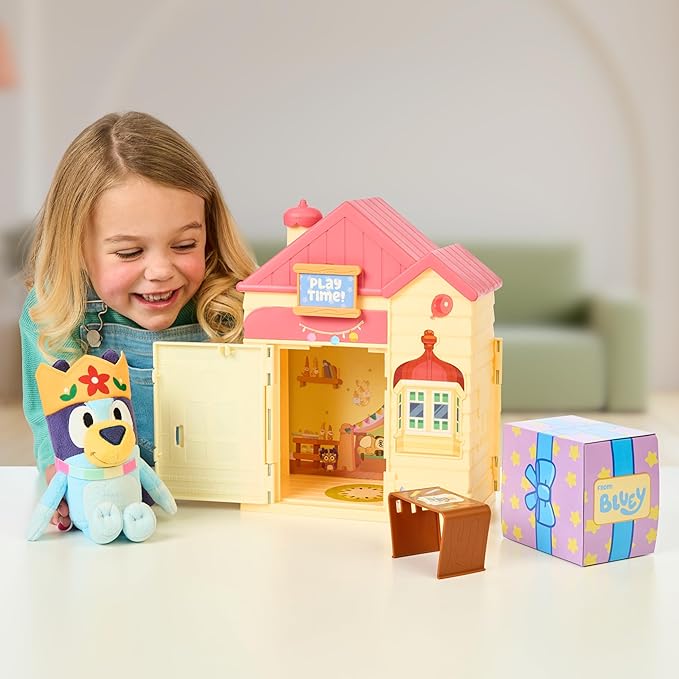Bluey Play Date Plush Surprise, Decorate House with Stickers, Attach The Play Time Sign, Then Open The Door for a Surprise Plush to Appear, Plush Style May Vary