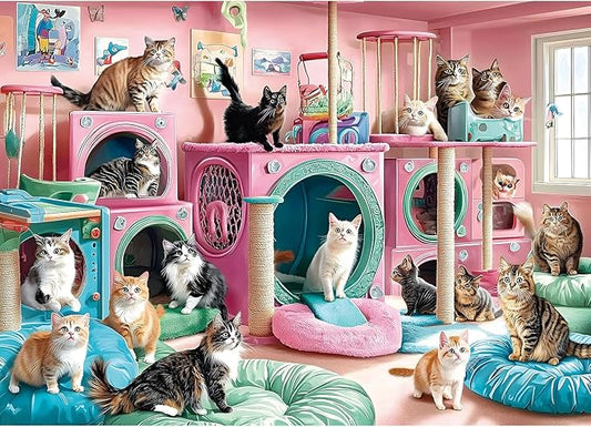 Cat Paradise 1000 Piece Puzzle for Adults Playful Kittys in Pink Playroom Jigsaw Puzzle Vibrant Colorful Cat Play Area Family Challenging Fun Animal Puzzle Gift for Adult Game Night