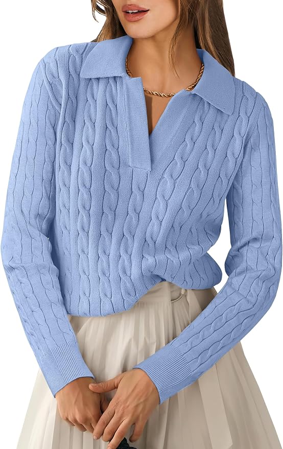ANRABESS Womens Cable Knit Sweaters Long Sleeve V Neck | Pullover Collared Sweater Tops, Polo Knit Shirts, Business Casual Work, Tennis Golf, Fall Winter Fashion Outfits