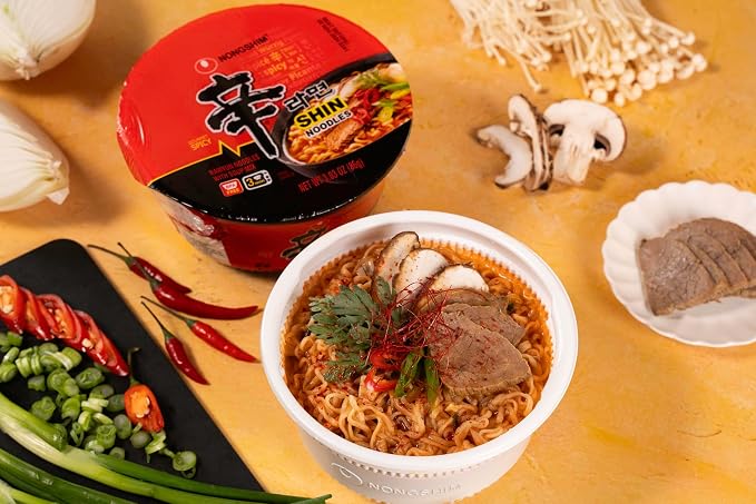 Nongshim Shin Ramyun Bowl Noodles, Spicy Korean Signature Instant Ramyun, Rich Beef Flavored Broth, Quick and Easy, Microwaveable Bowl, 3.03 oz (Pack of 24)