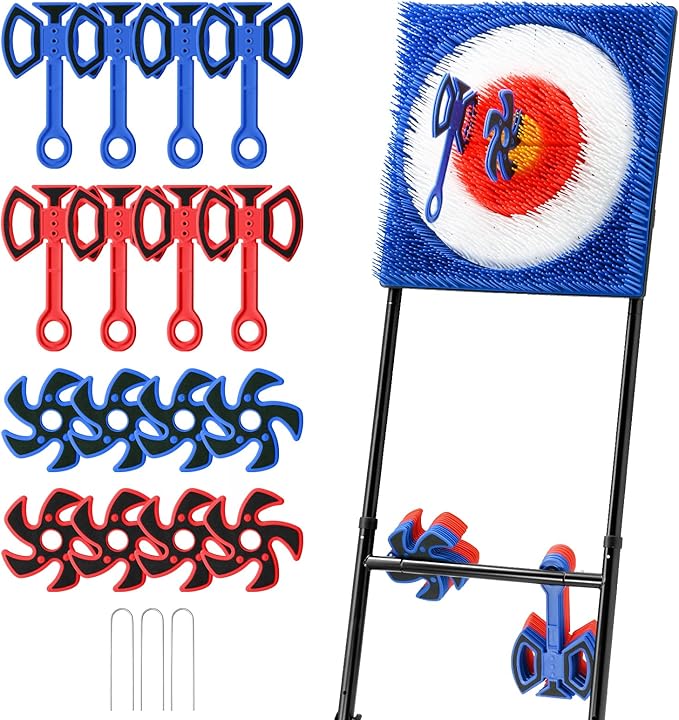 A11N SPORTS Axe Throwing Game with Steel Frame and Bristle Target, Safe Indoor Outdoor Target Game Set, Adjustable Height Yard Game with Axes & Stars for Backyard, Lawn, or Party Play