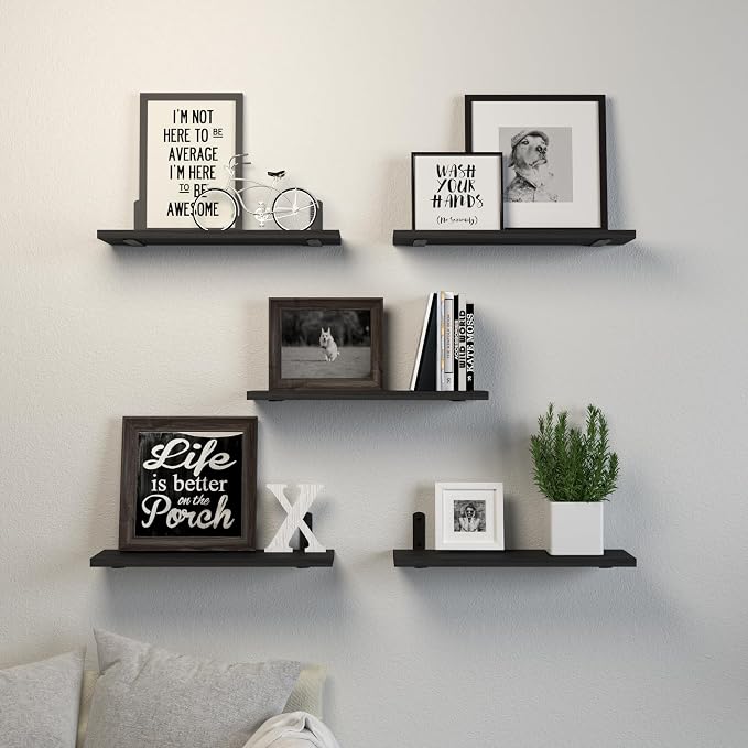 DOLLFIO Floating Shelves, 5 Sets Wall Shelves, Wood Floating Shelves for Bedroom Wall Décor, Wall Mounted Floating Bathroom Shelf for Storage, Floating Book Shelf, Living Room – Black