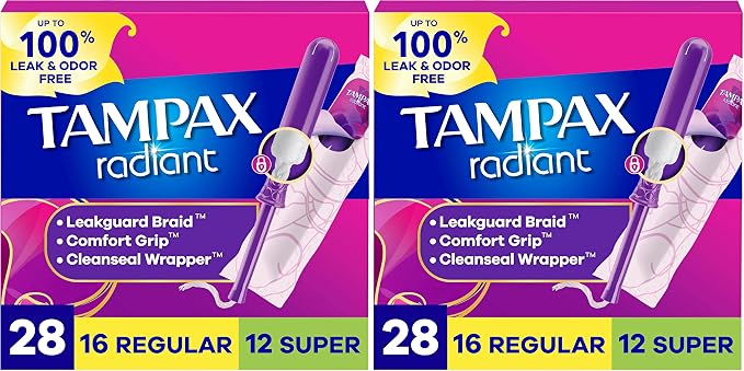 Tampax Radiant Tampons Multipack with Leakguard Braid, Regular/Super Absorbency, with Leakguard Braid, Unscented, 28 Count (Pack of 2)