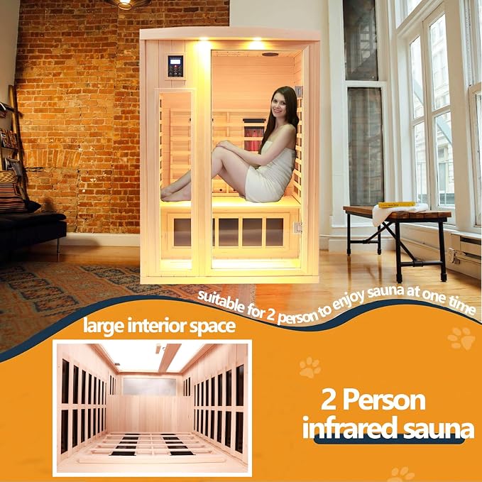 Ceramic 2 Person Infrared Sauna, Far Infrared Sauna for Home, Hemlock Wood Saunas Room, 2 in 1 Indoor Sauna with Low EMF Heaters + Ceramic Heating Cubes-Chromotherapy-Bluetooth Speaker