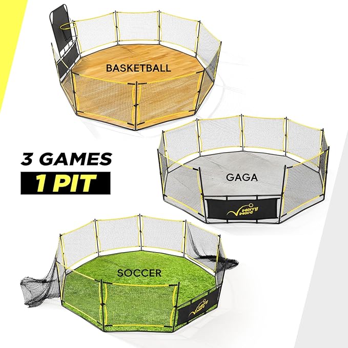 3-in-1 Portable Gaga Ball Pit with Hoop & Goals, 10ft Outdoor Game for Camp, School & Family Fun(10FT-Yellow&Black)