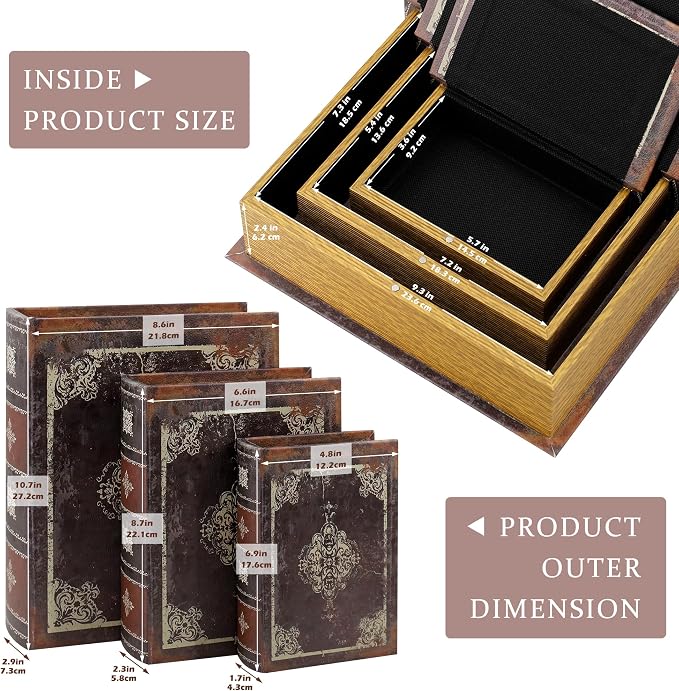 Jolitac Wooden Decorative Book Boxes 3-Pack - Vintage Style Secret Storage Boxes Handcrafted Wooden Storage Containers with Rustic Magnetic Closure for Jewelry & Keepsakes (Dark Vintage)