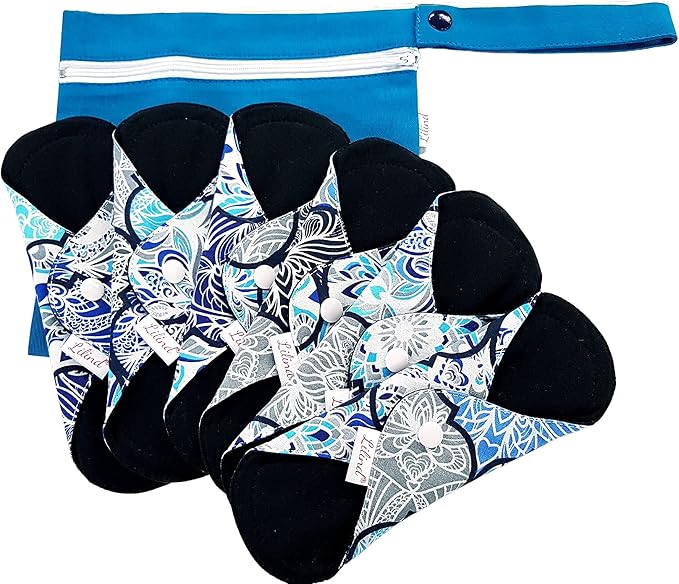 Lilind® 6 Pack Black Cloth Pads, Overnight 12 inch 100% Cotton Reusable Menstrual Sanitary Napkins, Free Wet Bag, Complete Set, Zero Waste