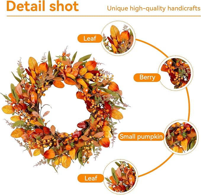 20" Fall Wreath Front Door Pumpkin Artificial Wall Decor Farmhouse Autumn Wreath Thanksgiving Home Porch Outdoor Indoor Holiday Harvest Decor