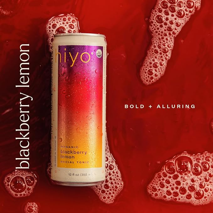 Hiyo Organic Social Tonic – Blackberry Lemon, 12 Pack - Non-Alcoholic Functional Seltzer, Flavored Sparkling Water Crafted with Organic Adaptogens, Nootropics & Botanicals