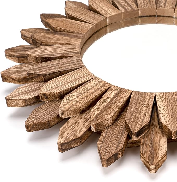 Wall Mirror Decorative 12 inch Rustic Wood Mirror Sunburst Boho Mirror for Entryway Bedroom Living Room Bathroom House Warming Gifts New Home Essential Carbonized Black
