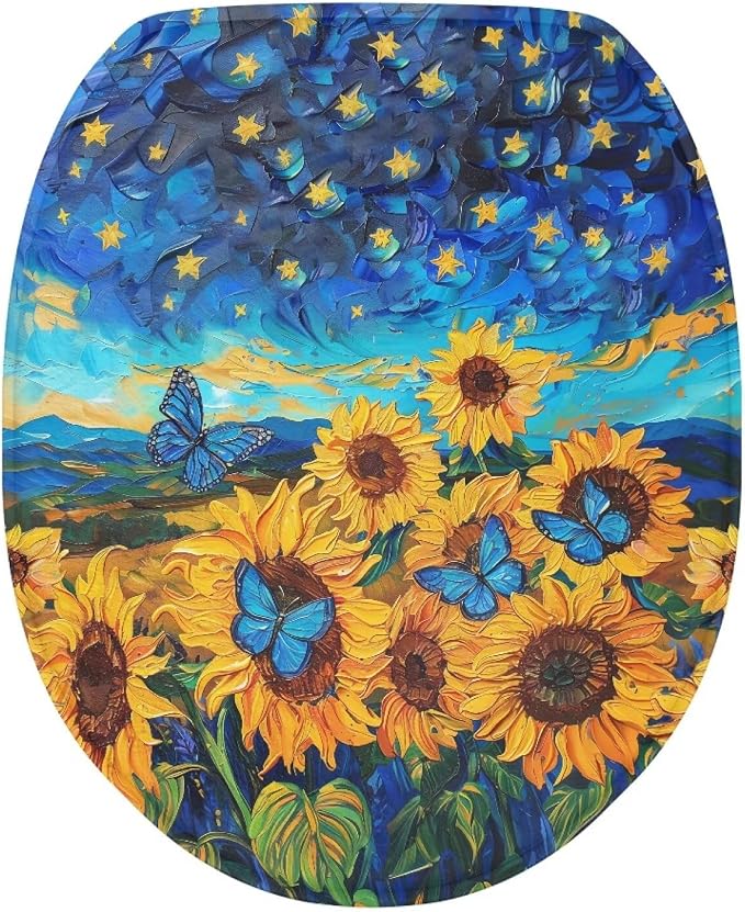 KathyboomToilet Lid Cover, Suitable for Most Round, Long and Oval Toilet Lid Cover, Comfortable and Dustproof, Reusable Toilet Seat Cover-Sunflowers With Butterflies
