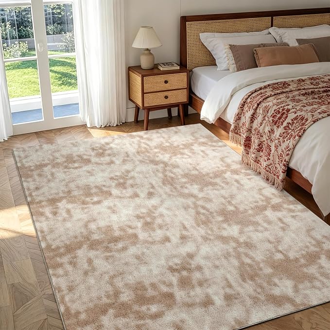 FinRèc 4x6 Washable Area Rugs for Bedroom Living Room, Low Pile Thin Ultra Soft Shag Rug, Non-Slip Carpet Indoor for Home Decor (Tie-dye Light Tan)