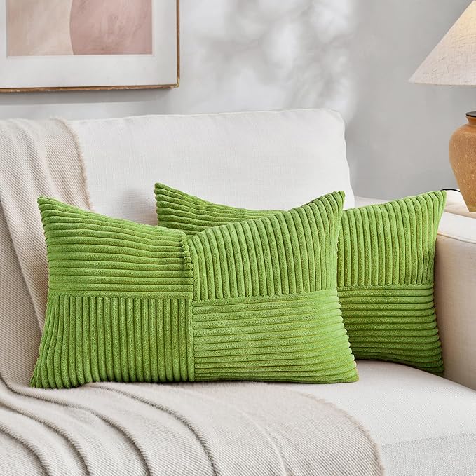 Fancy Homi Set of 2 Lime Green Long Lumbar Decorative Throw Pillow Covers 16x24 Inch for Couch Bed Sofa, Modern Farmhouse Boho Home Decor, Soft Striped Corduroy Rectangle Accent Cushion Case 40x60 cm