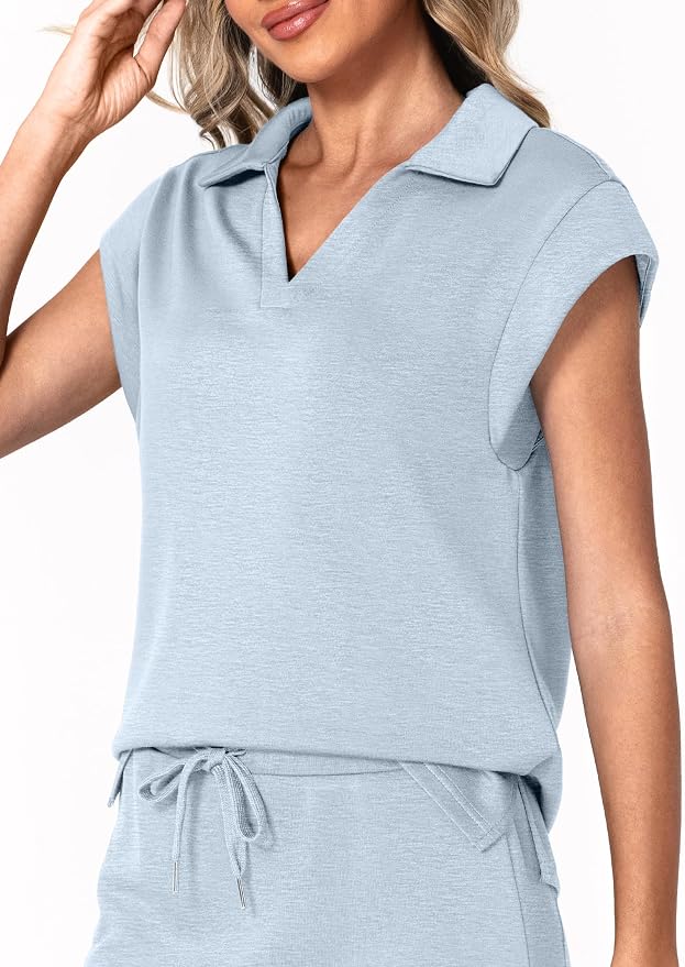 Casly Lamiit Womens Two Piece Skirt Sets Casual Cap Sleeve Lapel V Neck Tops Summer Travel Outfits Short Tennis Skort Set