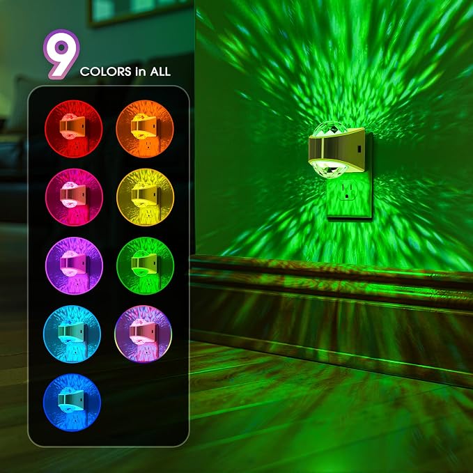 Night Lights Plug into Wall, Gold Night Light Projector 9-Color | Night Light Projector for Kids, RGB Galaxy Nightlight with Dusk to Dawn Sensor for Bathroom, Home Gaming Room Decor Gifts