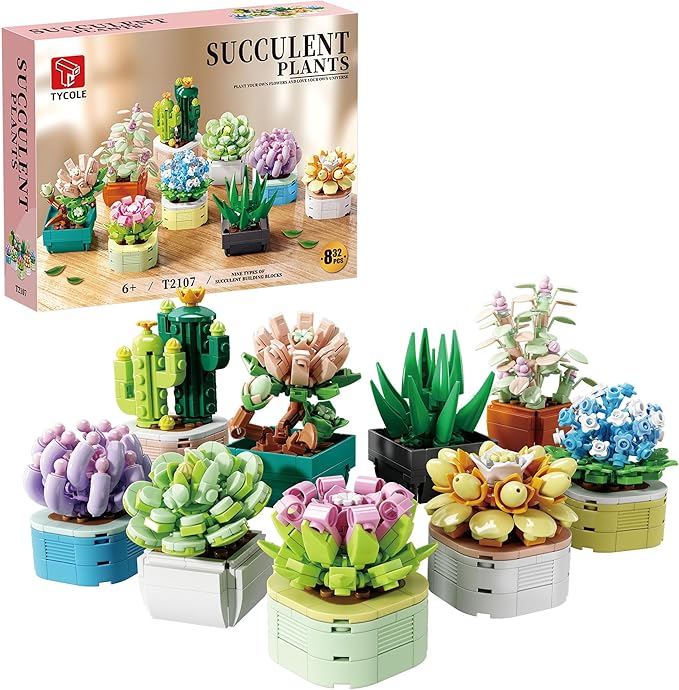 9 in 1 Tiny Flowers Succulents Artificial Plant Set-Creative Botanical Building Block Toy, Botanical Collection for Office&Home Decor, Birthday Gift for Adults and Kids 8-12(832 PCS)