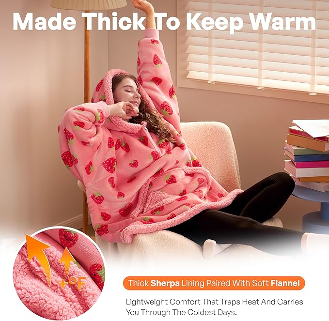 Giggling Getup Wearable Blanket Hoodie for Adults Gifts for Teen Girls Sister Women Sherpa Fleece Printed Hooded Blanket Sweatshirt Warm Cozy with Pocket & Sleeves Strawberry