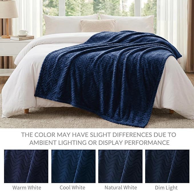 Exclusivo Mezcla Soft Fleece Blanket Queen Size for Bed, Sofa, Navy Blue | 90"x90" Breathable Lightweight Flannel Blanket for Summer, Plush Cozy Jacquard Wave for Home Decor