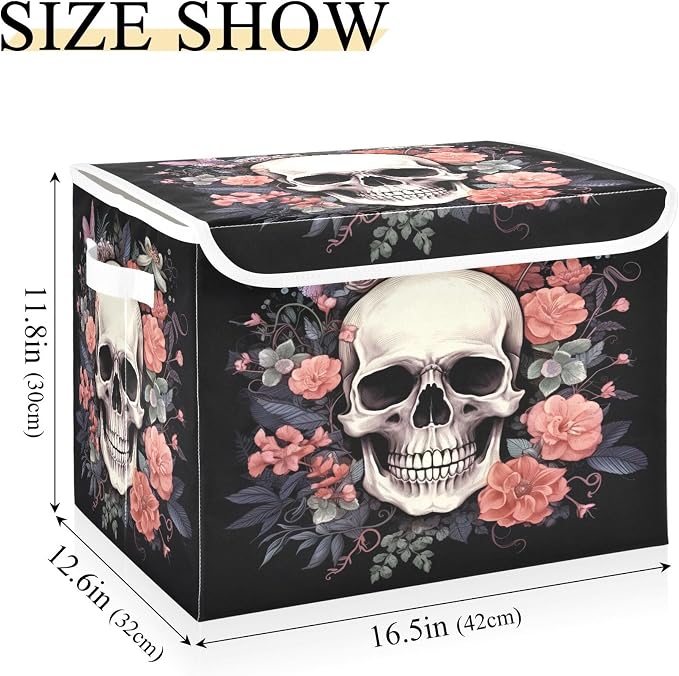 Skull Storage Bins with Lids and Carrying Handle,Foldable Storage Boxes Organizer Containers Baskets Cube with Cover for Home Bedroom Closet Office