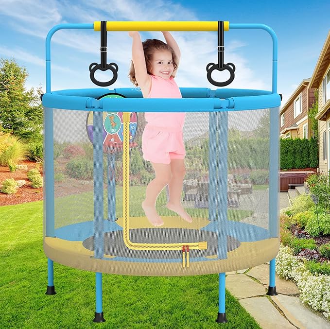 60" Trampoline for Kids, 5ft Toddler Mini 6-in-1 Trampoline Indoor Outdoor with Swing, Basketball Hoop, Dart Board, Rings, Christmas Toys Birthday Gifts for Girls Boys